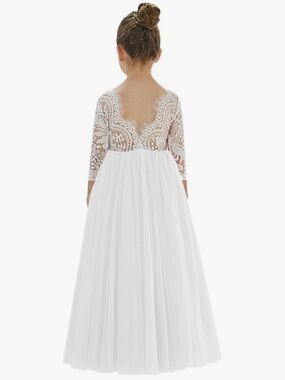 Girls' White Lace & Tulle Formal Dress with Sheer Back. 2bunnies. Size 7-8 EUC